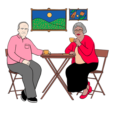 Illustration of older couple at table