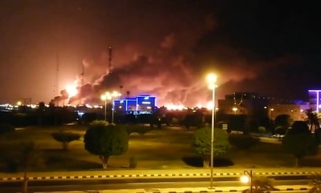 Thick smoke rises from the Aramco refinery in Abqaiq, Saudi Arabia.