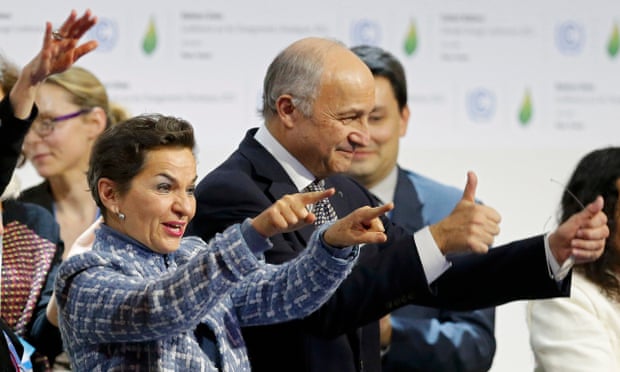 Former UN climate chief Christiana Figueres with President-designate of COP21 Laurent Fabius, at the Paris summit in 2015.