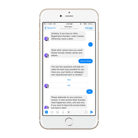 The DoNotPay chatbot shown on an iPhone.