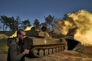 A tank fires as the 37th separate brigade of marines performs a combat mission in support of the infantry on the left bank of the Dnipro, Ukraine.
