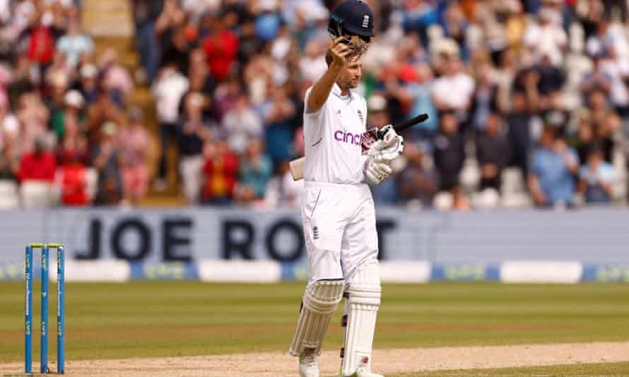 England’s Joe Root celebrates reaching his century at Edgbaston.