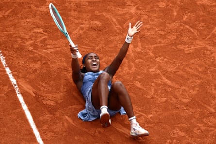 Coco Gauff celebrates winning the second grand slam title of her career.