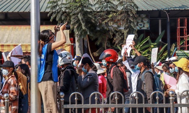 A member of the 74 Media filming a protest in Myitkyina, before staff relocated for security reasons and the outlet’s media licence was revoked.