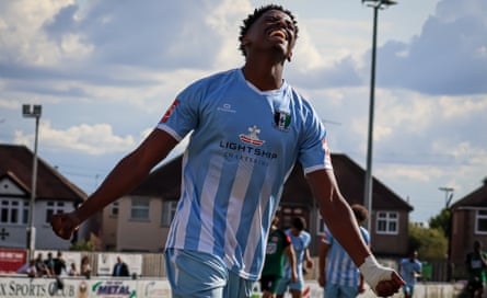 Kyrell Lisbie celebrates after scoring for Cray Valley.