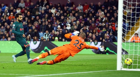 Aston Villa v Liverpool: Premier League – live | Premier League 5 Liverpool's Mohamed Salah scores their first goal.
