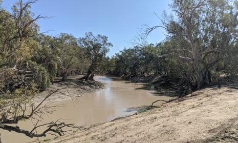 Water flowing over the location of a temporary block bank which separated the Murray Weir pool from the Darling River