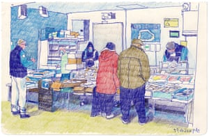 Customers at JP &amp; L Exotics Ltd in a drawing by artist Pat Wingshan Wong who captures the life of fishmongers at Billingsgate Market, London.