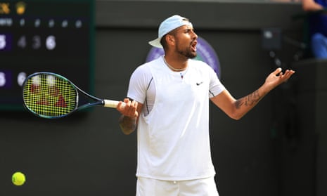 Nick Kyrgios complains about a decision on match point during a game with Cristian Garín.