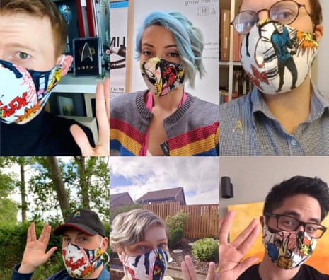 A photo collage of Christopher Ince, 34, top left, and his Star Trek gang in themed face masks.