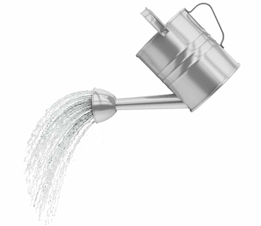 Silver watering can pouring water, against white background