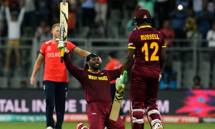Gayle celebrates his century during the World Twenty20 pool game against England in March. West Indies would go on to beat England again in the final.