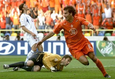 Ruud van Nistelrooy celebrates after scoring the Netherlands’ second goal.