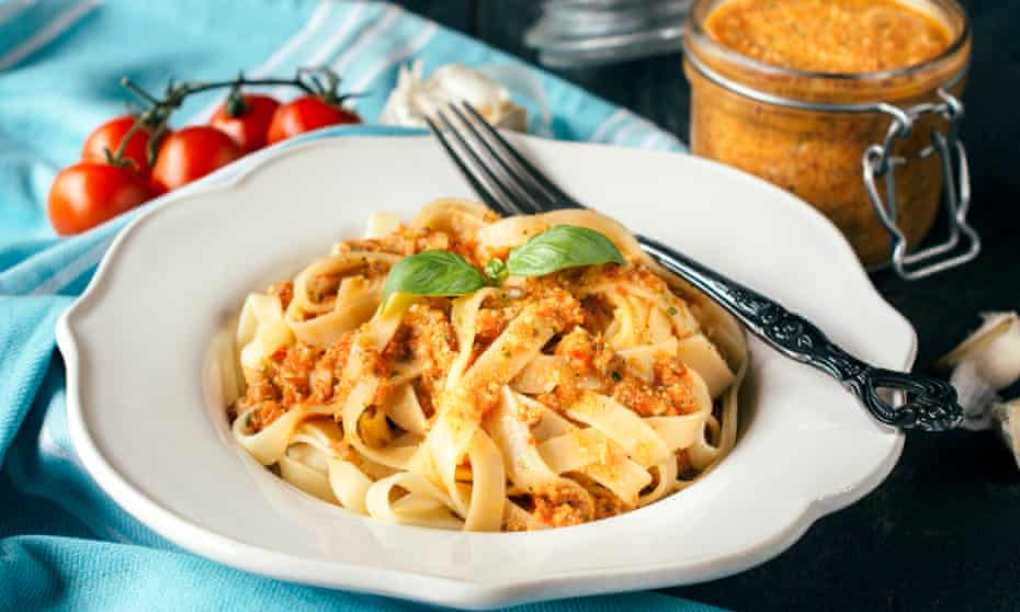 Fettuccine pasta with red Sicilian pesto.