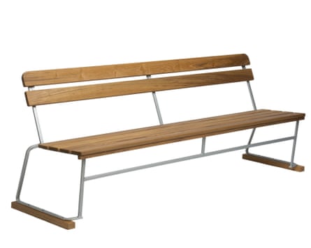 The Lindqvist bench. It has wooden slatted back and seat with a thin metal frame.