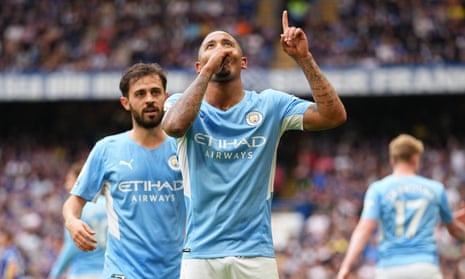 Gabriel Jesus celebrates after putting Manchester City ahead against Chelsea.