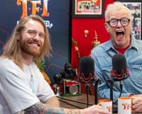 Sam Ryder and Chris Evans hold TFI coffee mugs on the chaotic set of Evans' revived chatshow