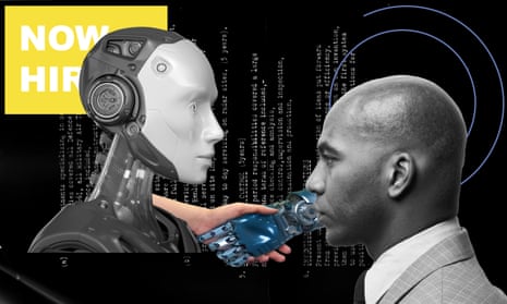 image of robot head, human head, and human and robot hands shaking hands, with code and the words "now hiring" in the background