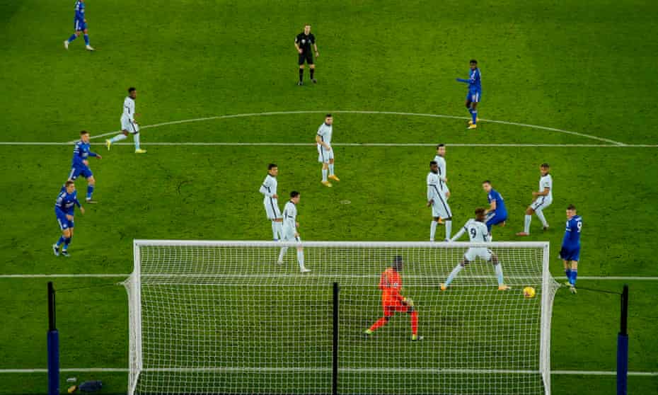 Wilfred Ndidi fires in Leicester’s opening goal in the first half.