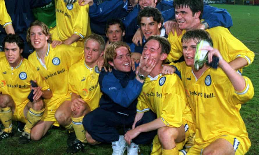 Nicky Byrne celebrates with the Leeds team after their FA Youth Cup final win over Crystal Palace in 1997.