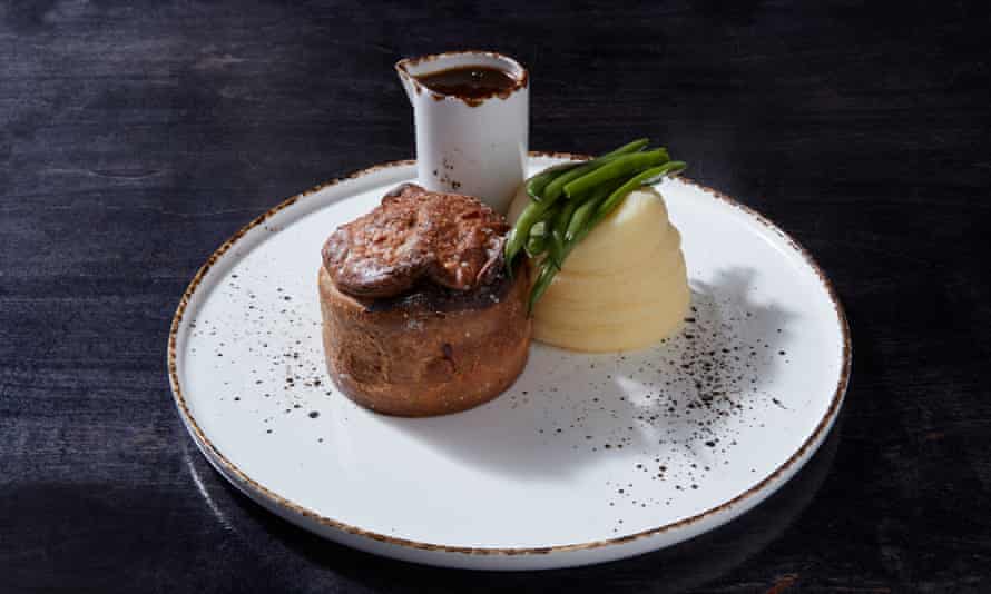 “Stacked to the Top”: Braised chicken and leek pie, mash, beans and sauce to sip.