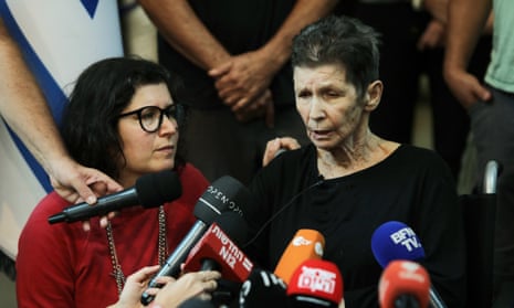 Sharone Lifschitz and her mother, Yocheved Lifshitz, during a press conference in Tel Aviv on Tuesday