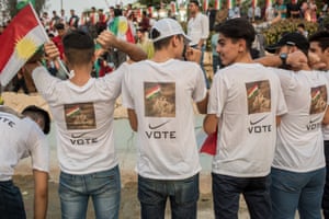 Young Kurds show off their referendum T-shirts at a rally in Shanadar Park, Erbil, Iraq, on 16 September.