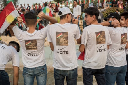 Young Kurds show off their referendum T-shirts at a rally in Shanadar Park, Erbil, Iraq, on 16 September.