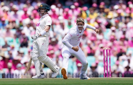 Jacob Bethell celebrates taking the wicket of Australia’s Travis Head on day three of the fifth Test.