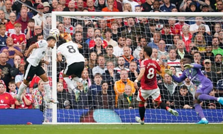 Luis Diaz heads home a goal for Liverpool against Manchester United at Old Trafford.