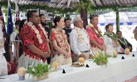 Tokelau national leader Kelihiano Kalolo accompanies New Zealand prime minister Jacinda Ardern on her state visit, Fakaofo atoll, July 2019.