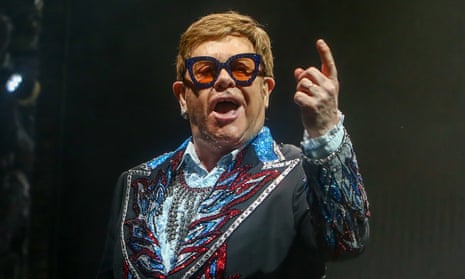 Elton John performing in Madrid, 2019.