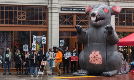 workers hold signs next to inflatable rat