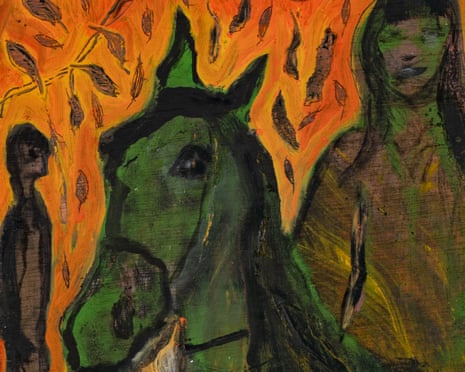 Painting of a child standing looking a girl or woman sitting on a horse
