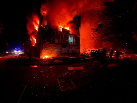 Firefighter team conduct extinguishing work after a Russian combine attack hit residential buildings in Dobropillia, Donetsk region, Ukraine.