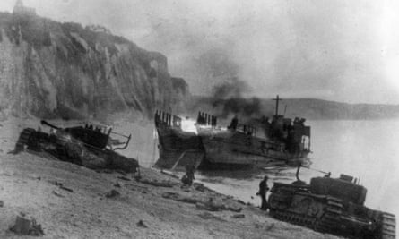 A landing vessel and two tanks captured by the Germans during the raid on Dieppe.