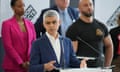 Sadiq Khan makes a speech as he is re-elected for a record third time as mayor of London on Saturday.