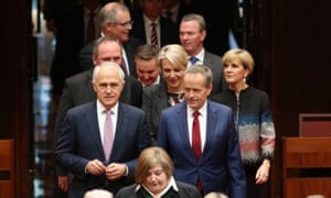 Senate Chamber<br>The Prime Minister Malcolm Turnbull and Opposition leader Bill Shorten walk into the senate chamber during the opening of Parliament, Tuesday 30th August 2016. Photograph by Mike Bowers Guardian Australia