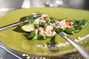 Crocodile wrapped in betel leaf – one of the entrees served at Pee Wee’s at the Point