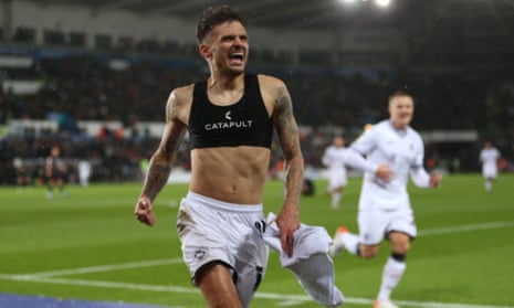 Jamie Paterson celebrates scoring the winner for Swansea against West Brom