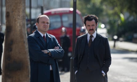 Another still from Guerrilla, with Rory Kinnear, left, and Daniel Mays as police targeting British Black Power.
