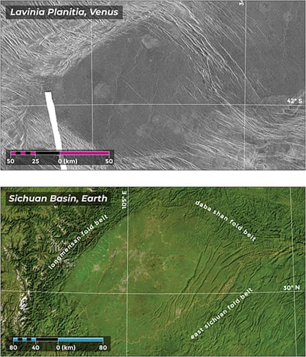 The Lavinia Planitia area of Venus (top) and the Sichuan Basin, China.