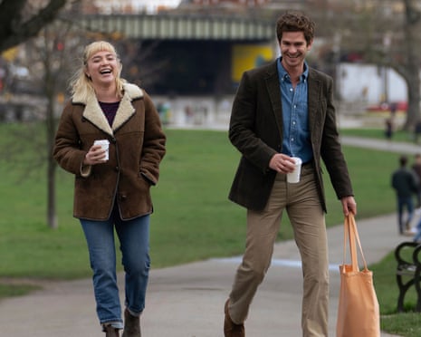 This image released by A24 shows Florence Pugh, left, and Andrew Garfield in a scene from "We Live In Time." (A24 via AP)