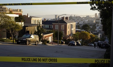 Police tape blocks a street outside the home of Nancy Pelosi and her husband, Paul Pelosi, in San Francisco.