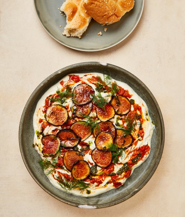 Yotam Ottolenghi’s tomato and yoghurt dip with caramelised figs and mint oil.