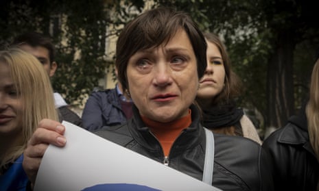 Mariupol resident Victoria Yemelianinko cries as she attends a rally against a Kremlin-orchestrated referendum in Kyiv, Ukraine.