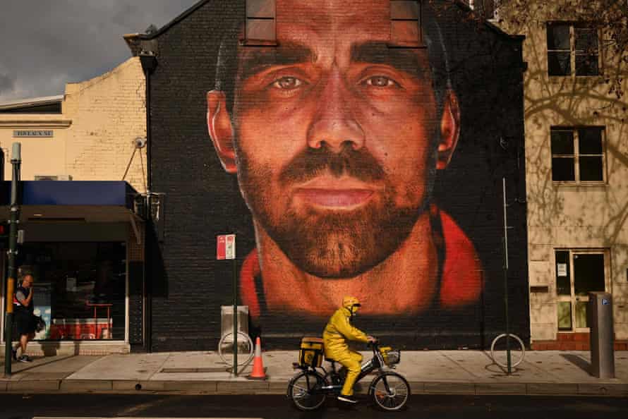 A giant mural of Adam Goodes in Sydney in June 2020. .