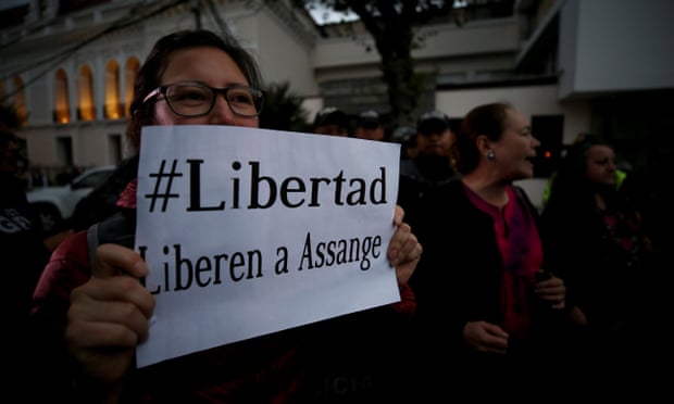 Ecuadorians demonstrate against the expulsion of Wikileaks founder of Julian Assange outside the foreign ministry in Quito, Ecuador.