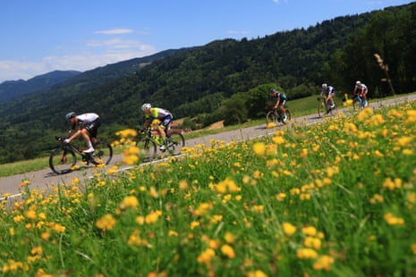 Obligatory scenic picture of the riders and pretty flowers during the Tour de France.