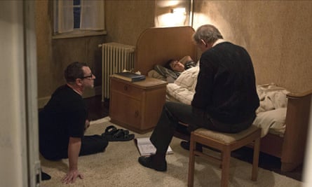 Lars von Trier on the set of Nymphomaniac with Skarsgård and Charlotte Gainsbourg.